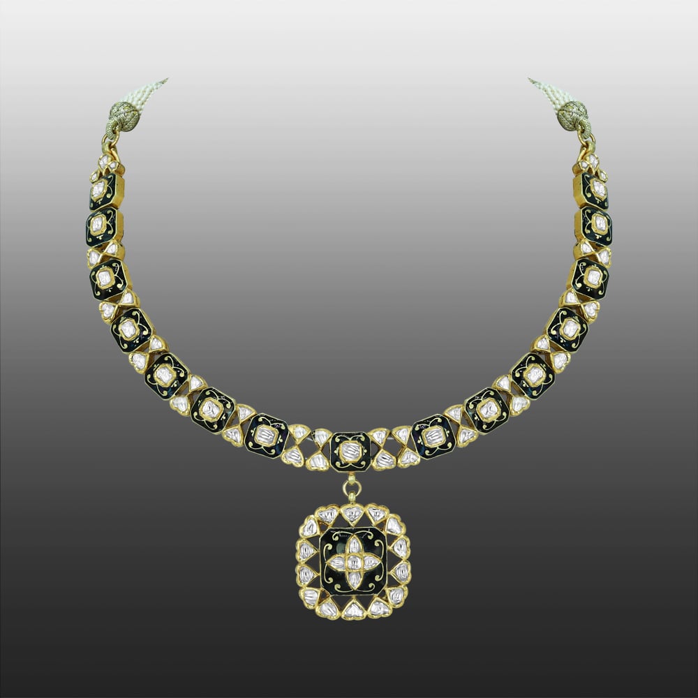 Polki Necklace with Black Enamel Squares and Central Pendant